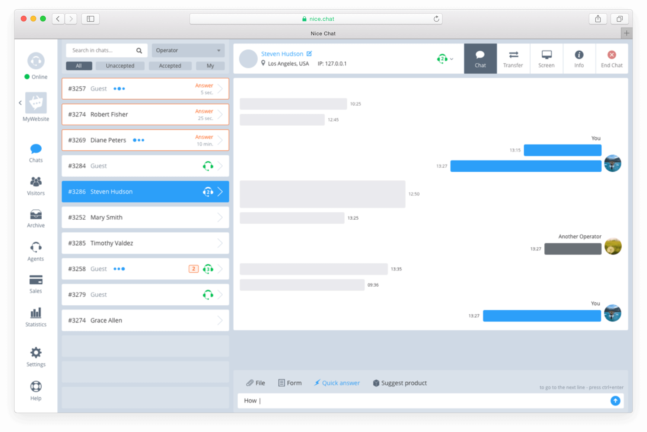Existing Nice.Chat agent interface with conversations, visitor information, and team tools